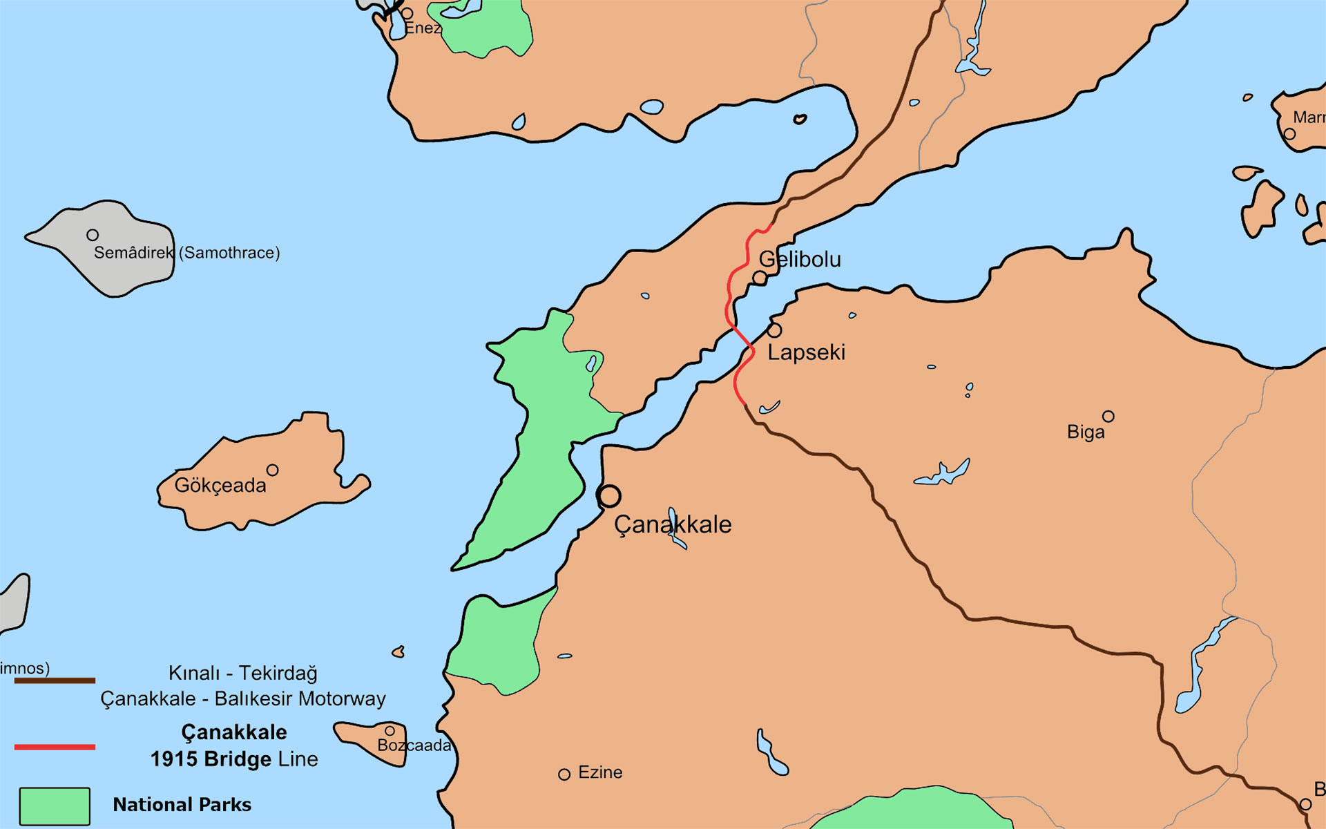 Map of the location of the Canakkale Bridge in Turkey