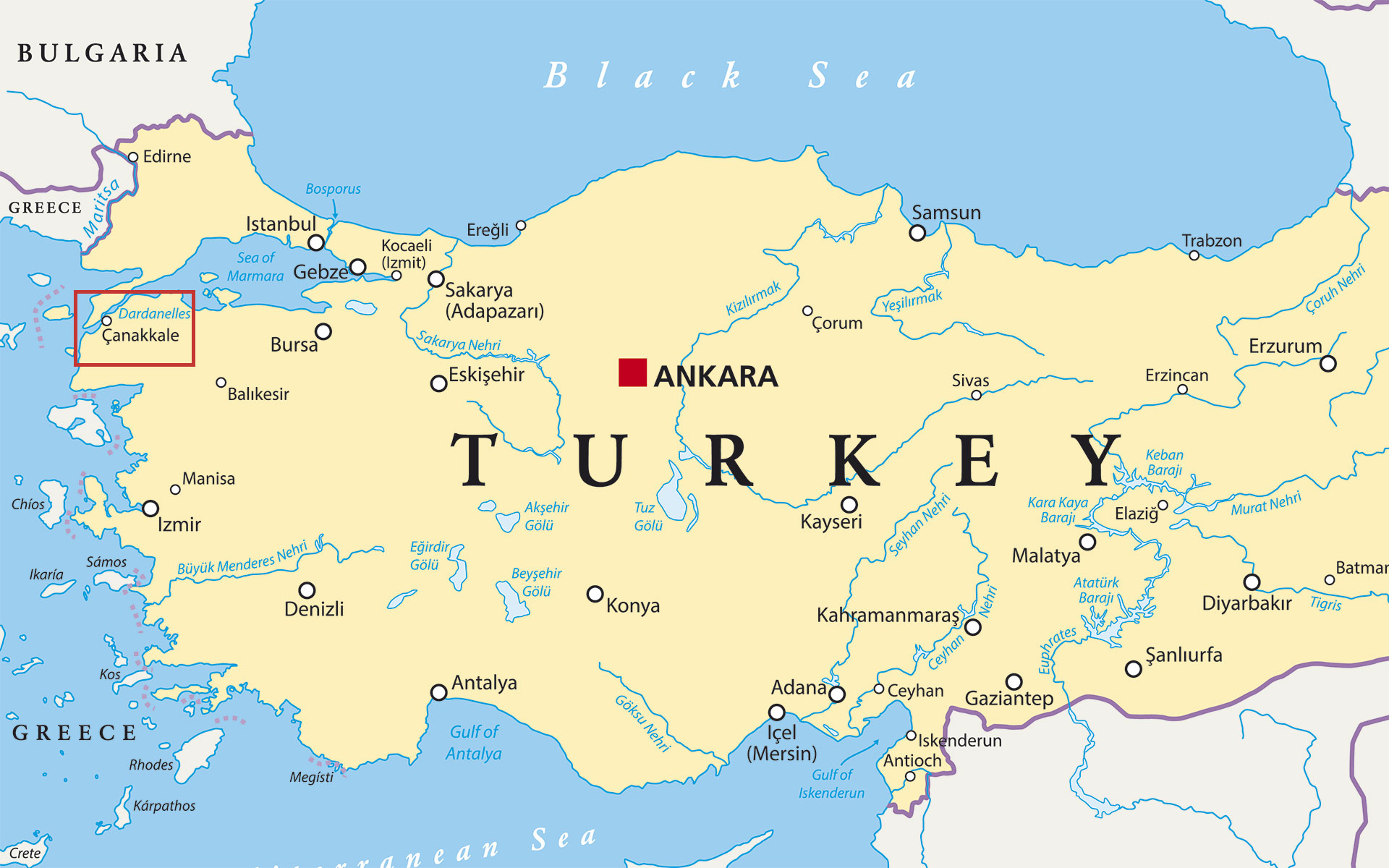 Map of Turkey showing location of Canakkale Bridge